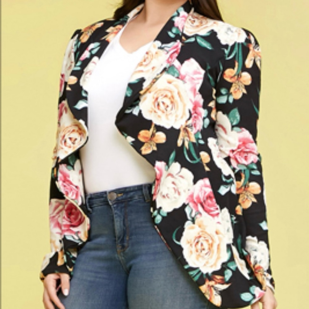 Doubl JU Draped Open Front Blazer Jacket NWT Size Large Black and Floral